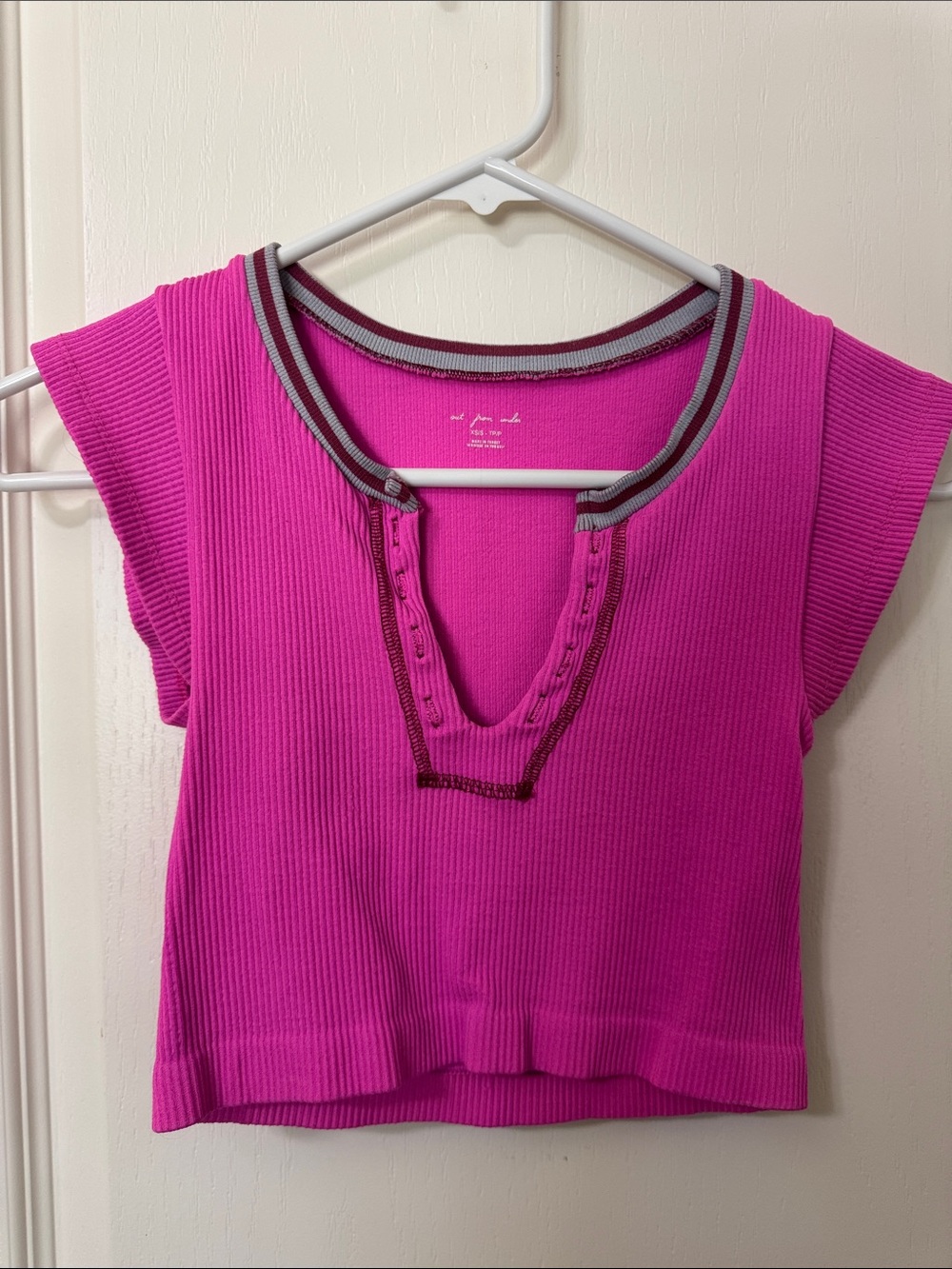 Urban Outfitters Hot Pink Ribbed V-Neck Crop Top with Contrast Trim